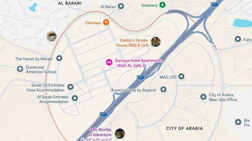 Dubai land location and surrounding residential infrastructure