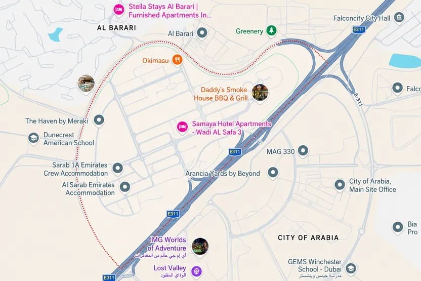 Dubai land location and surrounding residential infrastructure